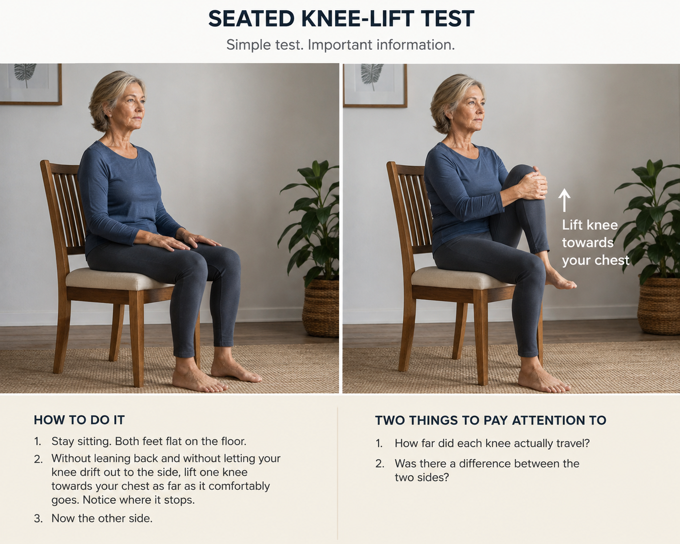 Seated knee-lift test demonstrated on an ordinary dining chair